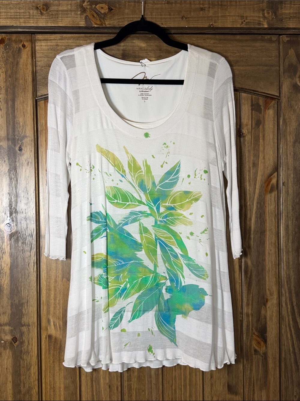 White Scoop-Neck Tunic with Green Leaf Print
